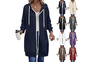 LINKPIG Damen Kapuzenjacke Lang Sweatjacke mit Kapuze Hoodie Jacke Herbst Winter Mantel Sweatshirts Hoodie Outwear Langarm Kapuzenpullover Strickjacke mit Reißverschluss Taschen