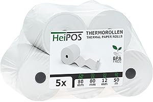 HeiGroup - HeiPOS 5x rotoli termici BPA free (W/Ø) 80mm / 80mm - lunghezza 80m, anima Ø 12mm, peso 52 g/m2, spessore 60 µm, durata di conservazione 10 anni
