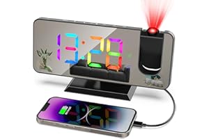 zerotop Projection Alarm Clock Digital with 180° Projector, 7.4'' LED RGB Color Mirror Display, 5-Level Brightness Dimmer, USB Charger, Snooze,12/24H, for Bedroom Bedside, Black (EN8827A)