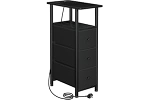 LOAKEKEL Slim Bedside Table with Charging Station, Narrow Side Table with 3 Fabric Drawers, Small End Table with Open Storage Shelf, Nightstand for Small Spaces, Living Room, Black UHETNDP03BK-1