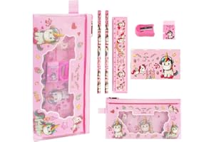 OFFCUP 7 pz Set di Cancelleria per Unicorno, Cancelleria Regalo Bambina, Regalo Compleanno per Bambini, Include 2 Matite, Righelli, Gomma, Temperamatite Taccuino Bambina di Natale