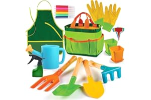LIAMASUM Kids Gardening Tool Set, Garden Tools Kit for Kids with Watering Can, Shovel, Rake, Gloves, Waterproof Apron and Storage Bag, Children Garden Tool for Boys Girls Age 3 4 5 6 7 8 9 10 11 12