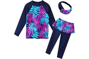 ZNYUNE Fille Maillot de Bain Anti-UV Imprimé 2 Pièces Haut Manches Longues + Pantalon Enfant Rash Guard UPF50+ Protection Solaire Burqini Musulman Islamique