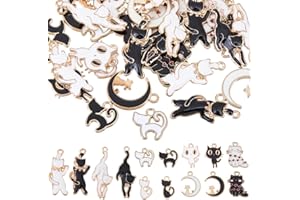 SUNNYCLUE 1 scatola da 56 pezzi, 7 stili, ciondolo per gatti in metallo smaltato, dolce cuore bianco, luna, gattino, per la creazione di gioielli, ciondoli fai da te