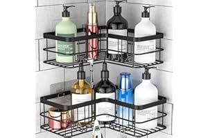 Yazoni Corner Shower Caddy, Adhesive Shower Shelves No Drilling [2-Pack], Rustproof Stainless Steel Bathroom Organizer Wall Mounted with 8 Hooks (Black)