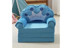 Aurour Comfy Toddler Chair, Kids Couch Fold Out to Lounger, Foldable Baby Sofa Plush for Girl and Boy Age 18 Months and Up （Blue Crown）