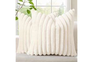 decorUhome Faux Fur Cushion Covers 45x45 cm Set of 2, Decorative Soft Plush Striped Neutral Pillow case 18X18 Inch with Velvet Back for Sofa, Bed, Living Room Home Decor, Cream White