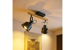 Aulaiyi Plafonnier Industriel Spots et Rails de Spots, 2 Spots LED Orientable avec Douille E14, Luminaires Intérieur avec Base Rectangulaire en Bois, pour Cuisine Chambre Salon, Noir (sans Ampoule)