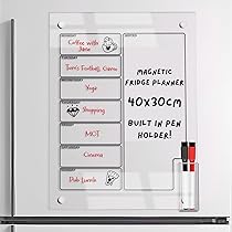 Magnetic Fridge Planner By Acrylic Hub. 15.7"x11.8"x1.1" Fridge Meal Planner Board With Built In Pen Holder. Clear Acrylic Magnetic Calendar For Fridge, Weekly Planner Magnetic With 2 Pens
