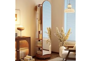 GENERIC Specchio a Figura Intera con Appendiabiti, Specchi da Terra con Ruote Girevoli, Girevole a 360° e 3 Livelli Stoccaggio, Specchio a Corpo Intero per Soggiorno, Camera da Letto