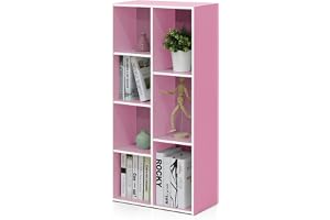 Furinno Luder 7-kub vändbar öppen hylla, vit/rosa | 23,88 x 49,53 x 105,92 cm, för vardagsrum, sovrum, hemmakontor