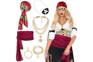 Dazzroi 6 Pcs Costume Accessories Set for Women, Pirate Role Play Outfit With Headscarf, Sash Belt, Earring, Eye Patch, Necklace, Bracelet for Halloween Party, Masquerade, Stage Performance
