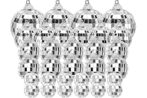 IEWRTCIN 32 PCS Small Mirror Disco Ball Silver Glitter Ball 4 Sizes Silver Hanging Mini Balls Disco Mirrors Reflective Balls Reflective MirrorBall Glass for Party Wedding Birthday Deco