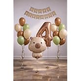 Capybara Temalı 4 Yaş Doğum G&uuml;n&uuml; Balon S&uuml;sleme Seti &ndash; Karamel Doğal Ton Parti Seti