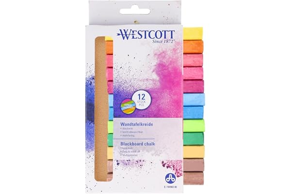 Westcott Craie 12 pièces Multicolore | Paquet de 12 craies pour tableau noir avec 1,2cm ⌀ en couleurs vives | peu de poussière & facilement effaçable | 8,5cm crayons longs | E-744983 00