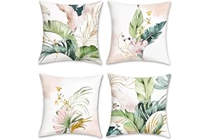 Bonhause Federe per Cuscini Foglie Verde e Rosa 45 x 45 cm Copricuscini Decorativi Foglie Tropicali Velluto Morbido Estate Federa per Cuscino Divano Letto Casa Decorazione Set di 4