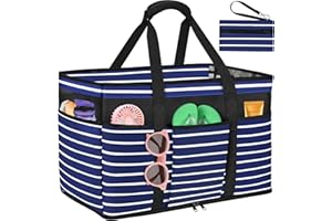 LUROON Large Beach Bag with 12 Pockets Waterproof Beach Bags for Women Sandproof Beach Tote Bags with Zip Foldable Summer Beach Bag Family for Travel Pool Holiday Picnic 45L