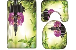 A.Monamour Badezimmer Badematte 3 Teilig Set Yoga Meditation Zen Grünpflanzen Orchidee Blume Felsen Steine ​​Wasser Natürlichen Flanell Saugfähig Badteppiche Badvorleger Badgarnitur WC Vorleger