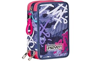 Seven Astuccio 3 Scomparti, Viola, Triplo Scomparto, Completo di Matite, Pennarelli, Colori, Accessori Zaino, Elementari, Medie, Superiori, Bambina e Ragazza