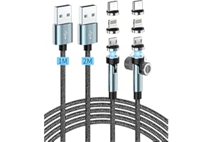 Kuulaa Cable de carga magnético 3 en 1, Cable de carga magnético de 360 ° y 180°, Carga rápida de 3 A, Cable de carga magnético para micro USB/tipo C/iProducts/Huawei (1M+2 M)