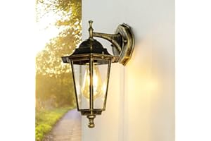 LICHT-ERLEBNISSE Rustykalna lampa zewnętrzna PARIS w kolorze antycznego złota szkło aluminiowe wysokość 36 cm odporność na warunki atmosferyczne IP44 oświetlenie latarni balkon ogród podwórko