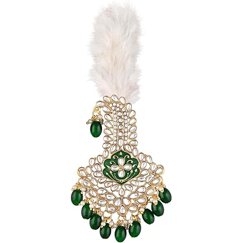 Mahi Royal Green Meenakari Enamelled Kalangi with White Feather (Pagdi/Safa Brooch) for Groom (PAKL1001027PR)
