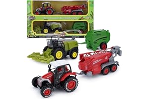 VBACALA Set Trattore Giocattolo Fattoria Pressofuso,Trattore con Rimorchio Mietitrebbia per Bambini, Veicolo Agricolo a Trazione Posteriore Modello,Giocattolo da Regalo per Ragazzi e Ragazze 3+ Anni