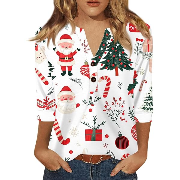 T-shirt De Noël Humour Pour Femme - Haut à Motifs Festifs Manches Courtes - 6