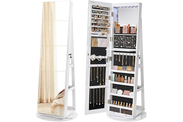 SONGMICS Espejo Joyero con 6 LEDs, Armario de Joyas de Giro de 360°, Organizador de Joyas Giratorio, sin Marco, Espejo Completo con Almacenaje, Navidad, Superficie Blanco y Forro Negro JJC007W01