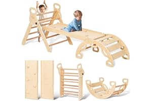 Giant bean Indoor Climbing Frame for Toddlers, Wooden Foldable 5 in 1 Baby Montessori Climbing Toys Set with Handle, Pikler Triangle Set with Sliding Ramp and Arch, Jungle Gym for Kids 1-3
