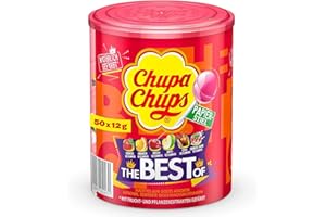 ‎CHUPA CHUPS Chupa Chups Best of Lutscher-Dose, enthält 50 Lollis in 7 Geschmacksrichtungen Cola, Apfel, Erdbeere und weitere, geeignet für Geburtstag, 50 x 12g