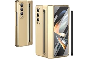 BAILI pour Galaxy Z Fold4 Étui avec Stylet et Emplacement pour Stylet, Protecteur d'écran trempé + Protection de charnière Housse en Cuir pour Samsung Galaxy Z Fold4-Or