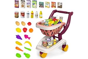 KalaDuck Carrello Spesa Bambini, 35PCS Carrello Supermercato Pieghevole, Cestino Spesa Giocattolo Rimovibile con Frutta e Verdura Cibo Giocattoli Accessori, Negozio di Giochi di Ruolo Bambini (Rosa)