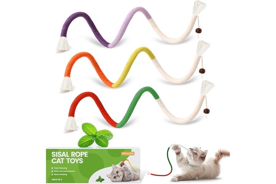 Natural Catnip Chew Rope for Cats – Pack of 3 (27 Inches Each) | Includes Refillable Catnip Pouch | Interactive Cat Toys for Indoor Cats & Kittens | Stress Relief, Dental Health & Enrichment Play