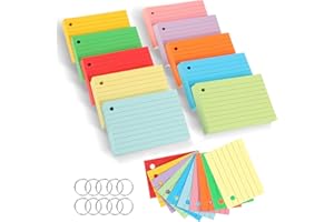 WSICSE 600 Blätter Karteikarten A7, 150g/m² Karteikarten Liniert Index Cards Bunt Papier Karten Vokabelkarten Blanko mit 10 Binderinge für Schule Büro Erinnerung Präsentation (10 Farben)