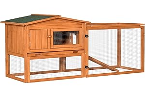 PawHut Hasenstall Kaninchenstall 156x58x68 cm mit Freilaufgehege Bodenwanne, Rampe, Kleintierstall aus Holz Meerschweinchen Gehege mit 2 Etagen, Sichtfenster, für Zwergkaninchen, Orange