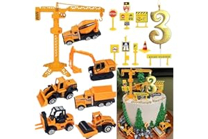 Drookaen Kuchen Deko Baustelle, Metall Kunststoff Bagger Spielzeugauto, Baustellen Fahrzeuge Tortendeko mit Baufahrzeug Verkehrsschilder Gold Glitter Geburtstag Zahl 3 Kerzen