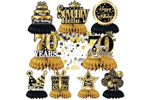 AURASKY Centrotavolo Compleanno 70 Anni, 9 Pezzi Centrotavola a Nido d'Ape Decorazione Compleanno con 10g Coriandoli Happy Birthday, Oro Nero Centrotavola 70° Compleanno Addobbi Compleanno Tavolo