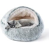 CATISM Donut Cave Bed with Hood for Cats, Plush 50 cm, Grey | Plush Donut Bed House, Washable, Warm &amp; Cosy, Enclosed Shelter