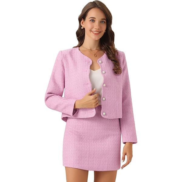 Completo 2 Pezzi Donna Con Giacca Blazer In Tweed Scozzese E Minigonna | Abito Elegante Con Bottoni E Maniche Lunghe