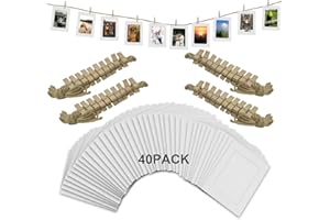 SZWLJ 40-Pack White Paper Photo Frames Measuring 4x6 Inch with Hanging String & Pegs for Photo Banner, Display, and Event Decorations