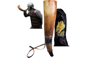 FENRIR Wikinger-Kriegshorn, 45,7 cm, echtes Ochsen-Blashorn, Schlachttrompete mit Lederband, Jarl & Kompass Finish, FNR_27