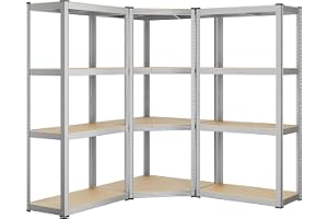 SONGMICS hörnhylla set 4 nivåer, kraftig metallhylla, förvaringshylla för garage, förråd, källarhylla, rymmer upp till 1500 kg, silver-naturligt beige GLR056E03