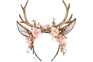 ‎MOSTORY MOSTORY Geweih Kopfschmuck Antlers Headband mit Ohren für Faschingskostüme Damen, Renaissance Wald Blumenwald Krone Haarban für Cosplay Karneval