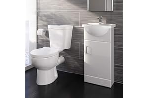 iBathUK Vanity Unit Furniture Set Cloakroom, Wash Basin Bathroom Sink, Soft Close Toilet Seat, Dual Flush,Quartz Closed Coupled Toilet Set-Gloss White (Flat Pack)
