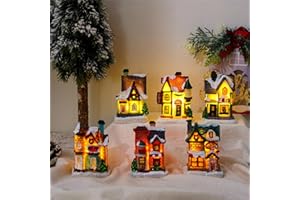 HYMIC Christmas Village Sets LED Lighted Christmas Village Houses with Figurines, Christmas Village Collection Indoor Room Decor Collectible Buildings (6 Pack)