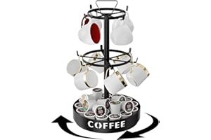 GAGUIUP Soporte giratorio de metal negro para tazas de café, soporte de árbol para taza de encimera con base de almacenamiento, organizador de almacenamiento de 2 niveles para cocina, té, cafetería