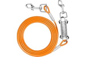 Aystkniet Dog Tie Out Cable 10FT 15FT 20FT 25FT 30FT 40FT 50FT with Shock Absorbing Spring and Swivel Hook, Chew Proof Chain for Outside, Runner Tether Lead for Small Medium Large Dogs