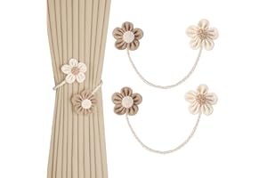 OCIOLI Handmade Flower Curtain Tiebacks - Bohemian No Drill DIY Curtain Holdbacks, Cute Nursery & Bedroom Twist Drapery Tie Backs, Chic Boho Home Decor Accessories (2, Beige-2)