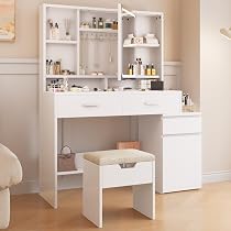 Coiffeuse Blanche Avec Miroir LED - 7 Tiroirs Et 4 Étagères - 140x100cm - Prise USB Et Secteur